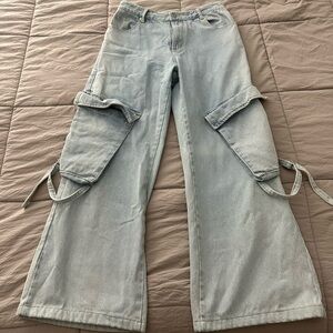 Women's Light Blue Wide Leg Cargo Jeans